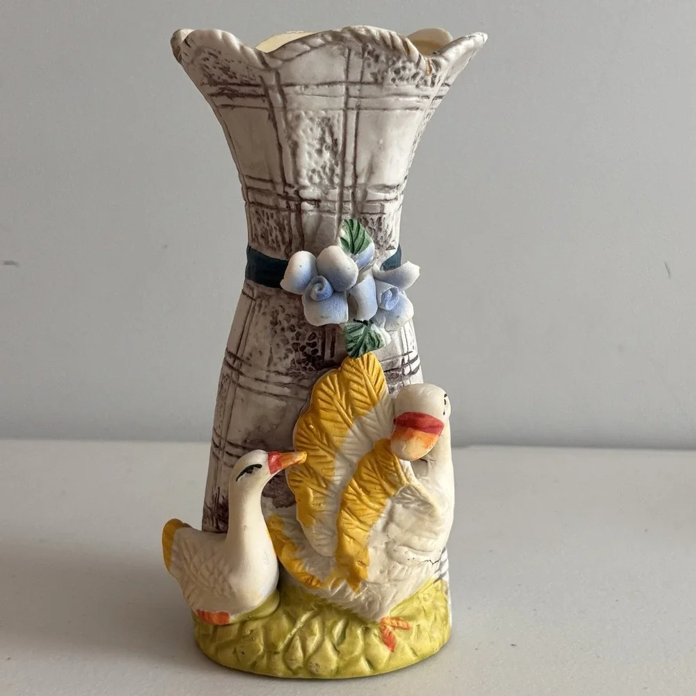 Painted Retro Ceramic Duck Swan Flower Vase Country Core 90s Art Cottagecore